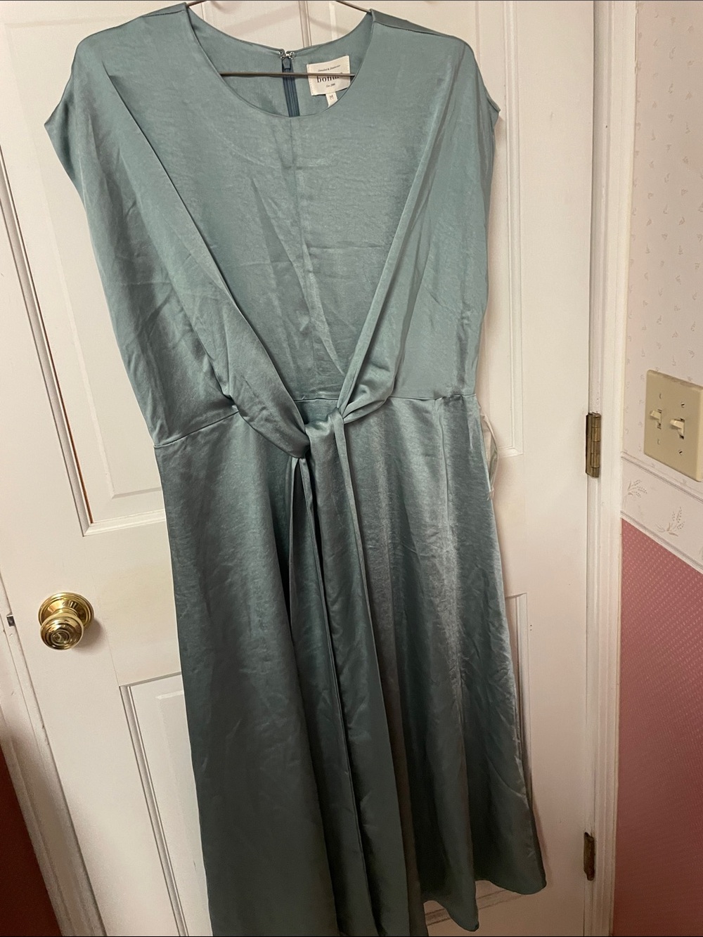 bohme Satin Wrap-Style Midi Dress in Dusty Blue - Picture 7 of 7